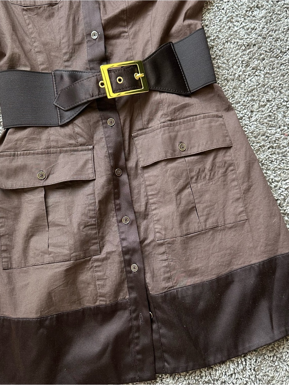 bebe Brown Utility Shirt Mini Dress with Black Belt and Gold Buckle - Picture 3 of 6